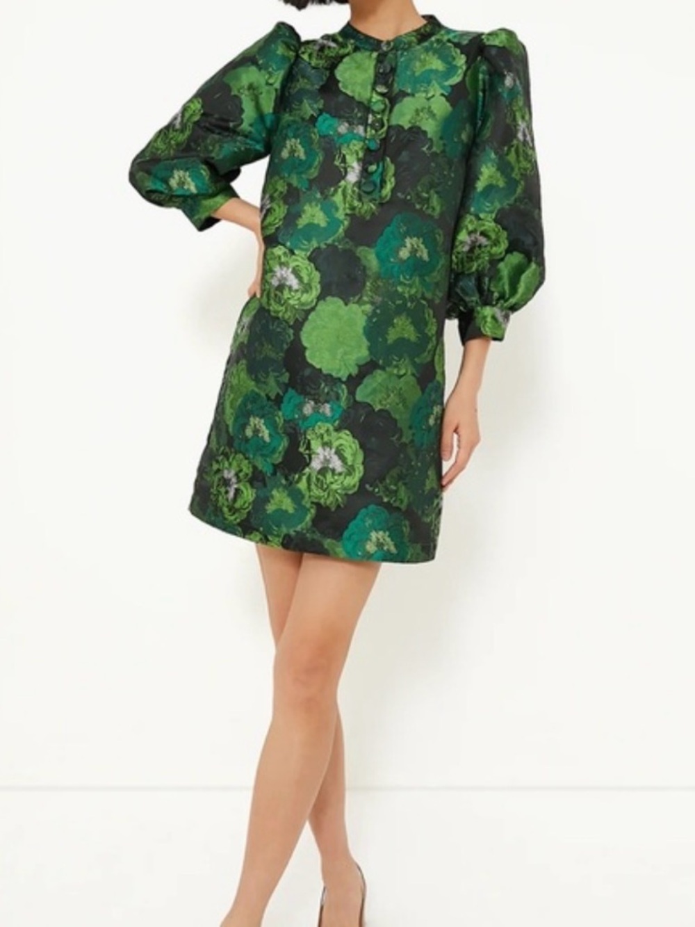 ✨NWT✨Pomander Place for Tuckernuck Green Floral Satin Jacquard Puff-Sleeve Dress
